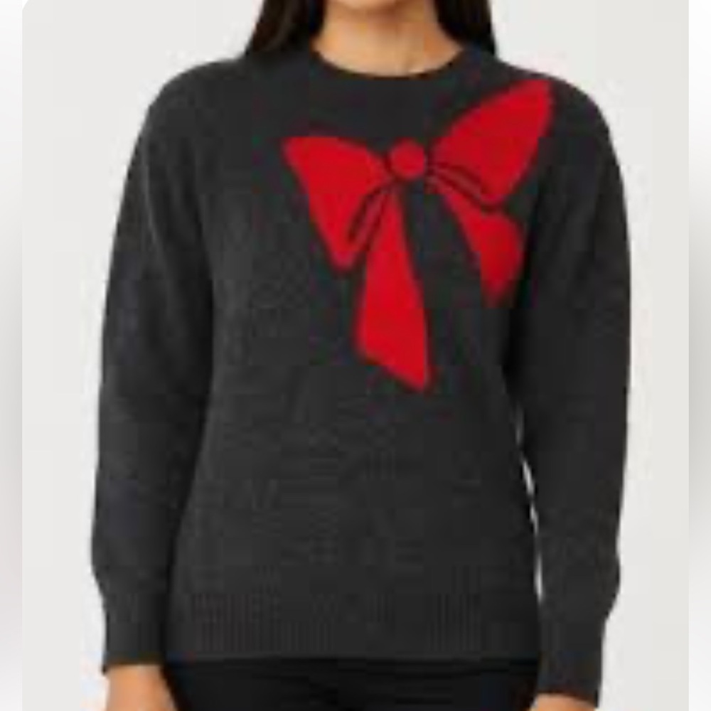 Loft oversized wool blend Women's Gray Sweater with Red Bow Size Medium